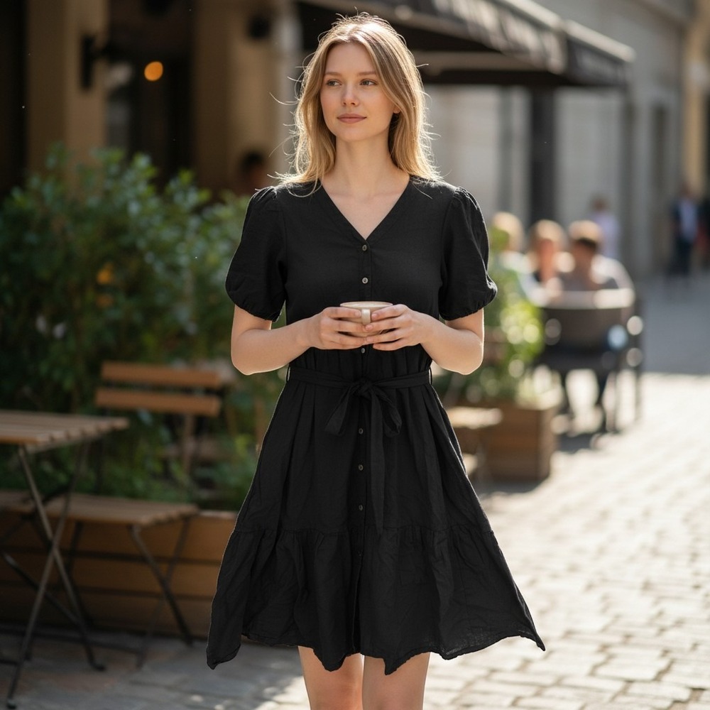 Downeast Dress Women's S Black Linen Blend Puff Sleeve V-Neck Button Front Tie